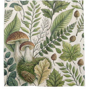 Woodland Mushrooms Pinecones Ferns Autumn Pattern Shower Curtain