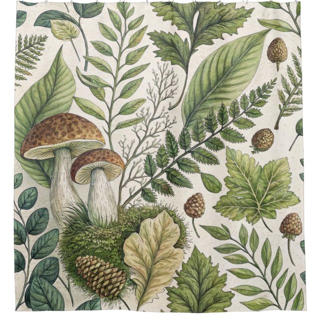 Woodland Mushrooms Pinecones Ferns Autumn Pattern Shower Curtain (Front)