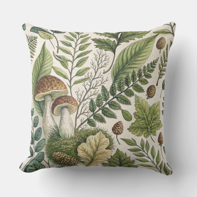 Woodland Mushrooms Pinecones Ferns Autumn Pattern Throw Pillow (Front)