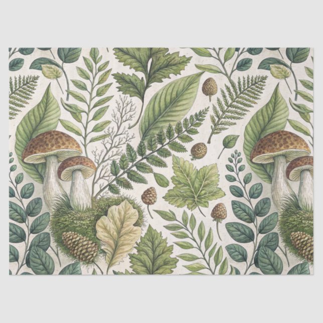 Woodland Mushrooms Pinecones Ferns Autumn Pattern Tissue Paper (Front)