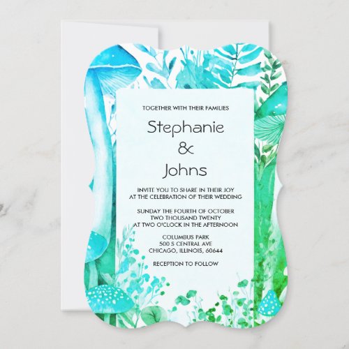 Woodland Mushrooms Teal Blue Green Rustic Wedding Invitation