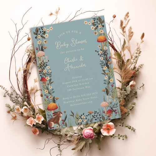 woodland mushrooms wildflowers blue baby shower  invitation