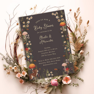 woodland mushrooms wildflowers gray baby shower  invitation