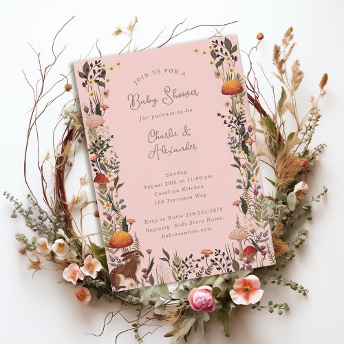 woodland mushrooms wildflowers pink baby shower  invitation