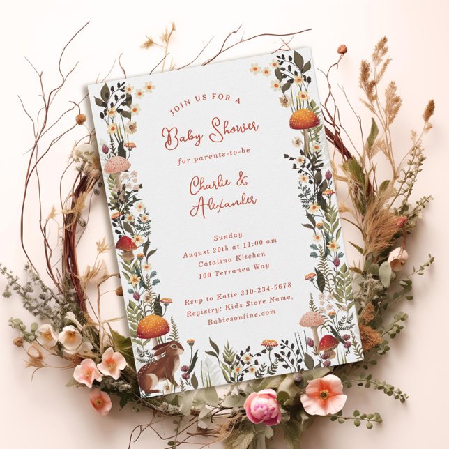 woodland mushrooms wildflowers white baby shower  invitation (Creator Uploaded)