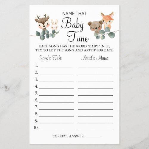 Woodland Name that baby tune shower game card Flyer