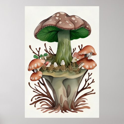 Woodland Nature Art Whimsical Green Mushroom  Poster