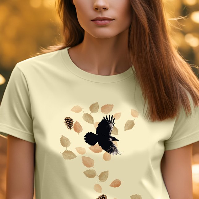 Woodland Nature Autumn Leaves & Flying Raven Bird T-Shirt (Fall raven in swirling Autumn leaves t-shirt)