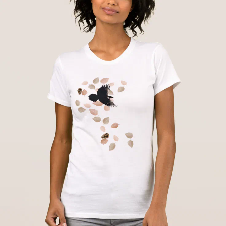 Woodland Nature Autumn Leaves & Flying Raven Bird T-Shirt | Zazzle