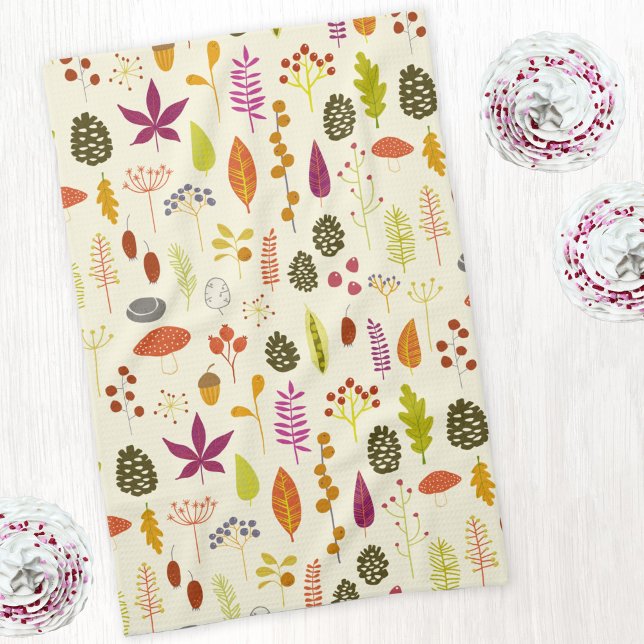 Woodland Nature Kitchen Towel (Nature leaves, pine cones and berries pattern art kitchen tea towel)