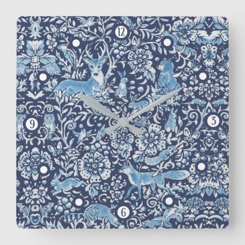 Woodland Navy Blue Forest Animal Fox Rabbit Floral Square Wall Clock