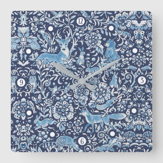 Woodland Navy Blue Forest Animal Fox Rabbit Floral Square Wall Clock (Front)