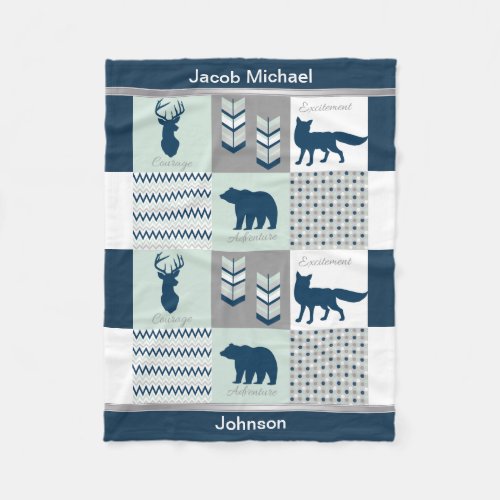 Woodland _ Navy Blue Gray Mint Green Fleece Blanket