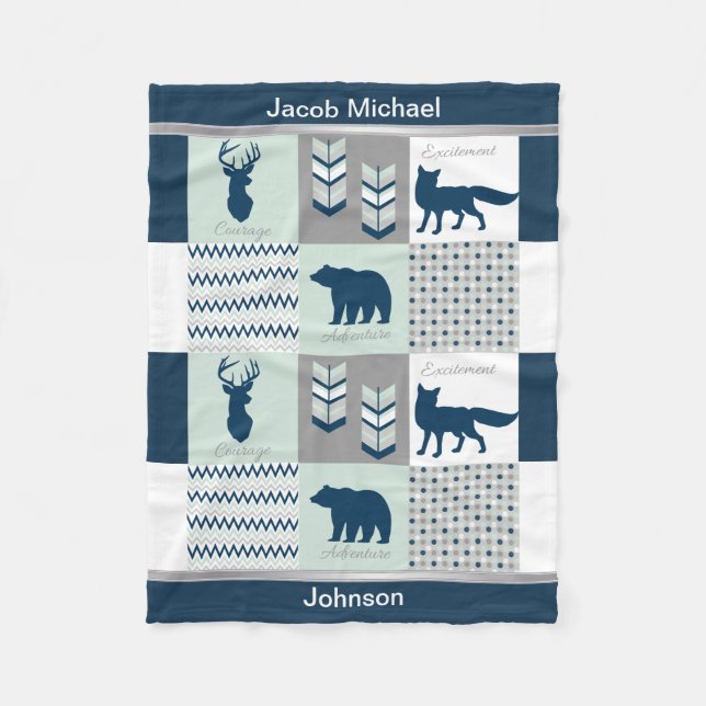 Woodland - Navy Blue, Gray, Mint Green Fleece Blanket (Front)