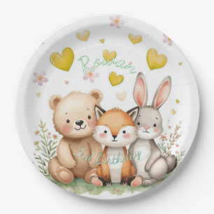 Woodland Neutral Birthday Yellow Hearts Paper Plates