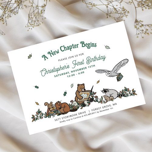 Woodland New Chapter Begins Book First Birthday Invitation