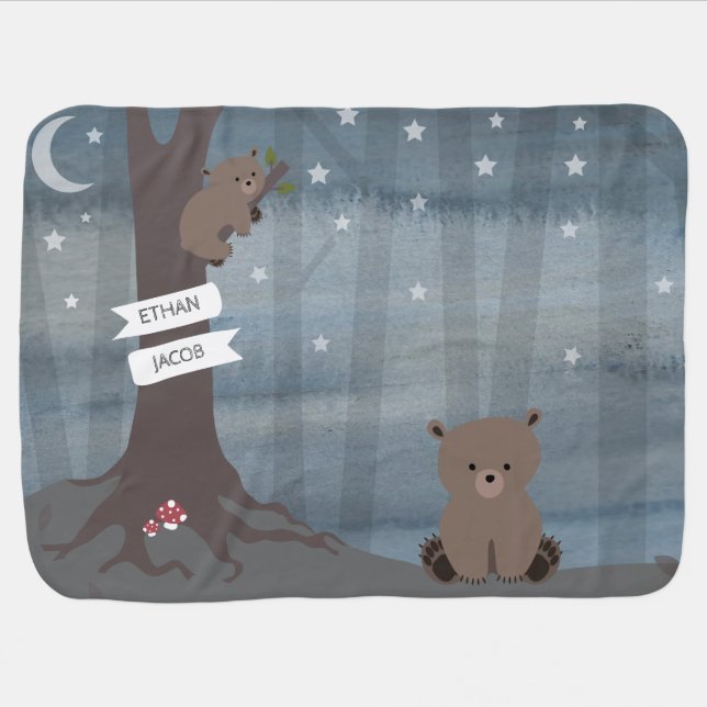 Woodland Night Baby Bear Boy Blanket (Horizontal)