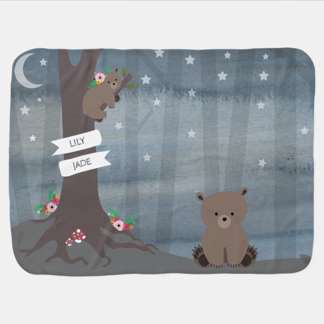 Woodland Night Baby Bear Girl Baby Blanket (Horizontal)