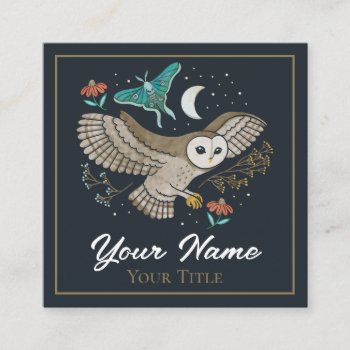 Woodland Night Barn Owl & Luna Moth Square Business Card by Musing_Tree_Designs at Zazzle
