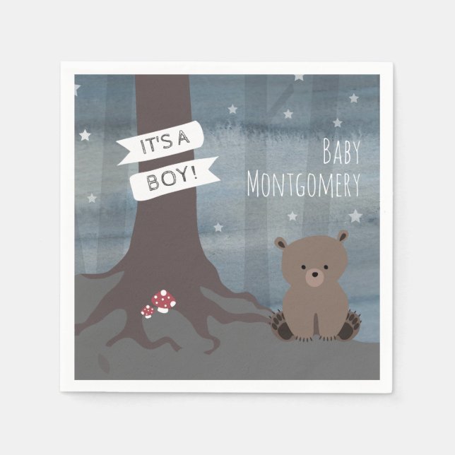 Woodland Night Bear Boy Baby Shower Napkins (Front)
