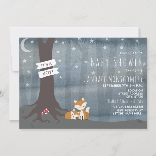 Woodland Night Fox Baby Shower Invitation (Front)