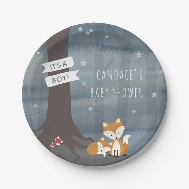 Woodland Night Fox Baby Shower Paper Plates (Front)