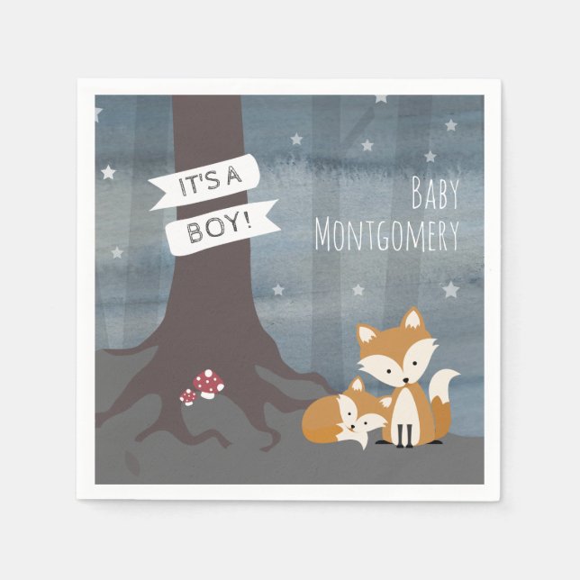 Woodland Night Fox Boy Baby Shower Napkins (Front)