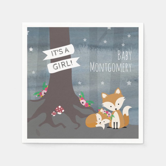 Woodland Night Fox Girl Baby Shower Napkins (Front)