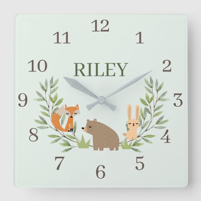 Woodland Nursery Animals Square Wall Clock (Front)