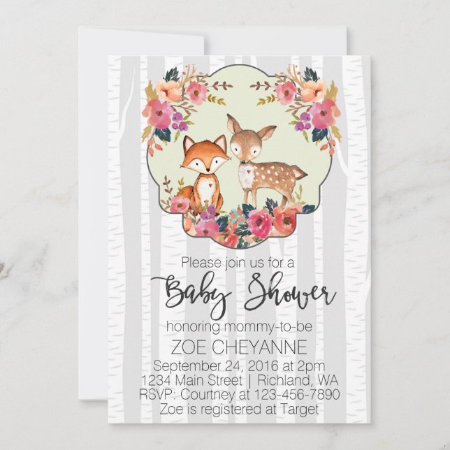 Woodland Nursery Baby Deer and Fox Baby Shower Invitation (Front)