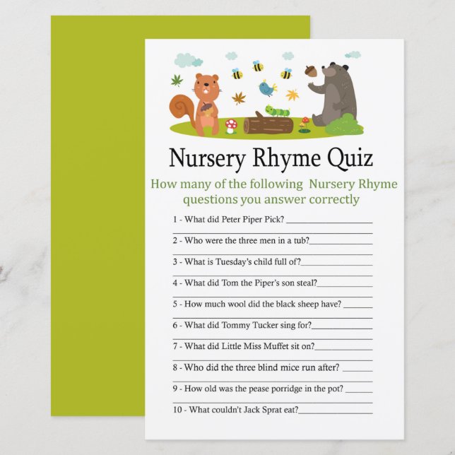Woodland Nursery Rhyme Quiz baby shower game (Front/Back)