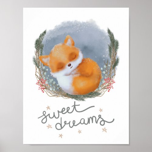 Woodland Nursery Sweet Dreams Baby Fox Poster