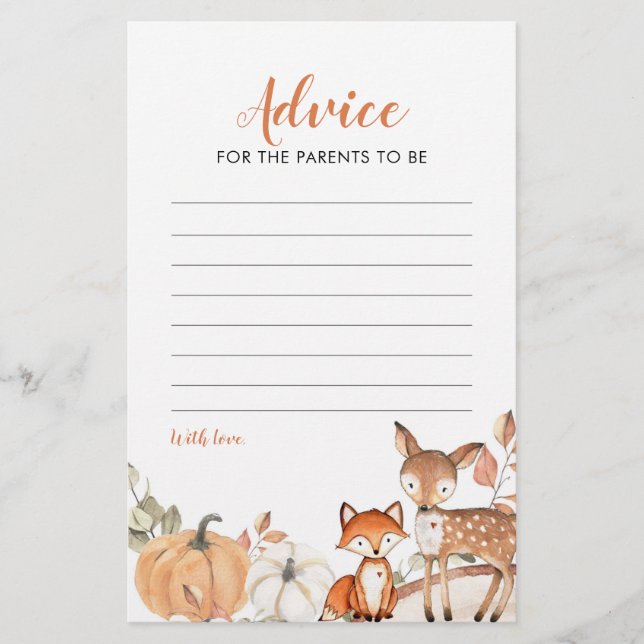 Woodland Oh Boy Pumpkin Baby Shower Advice Card (Front)