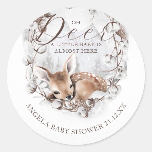 Woodland Oh Deer Winter Baby Shower Classic Round Sticker