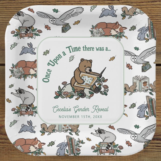 Woodland Once Upon a Time Gender Reveal Paper Plates (Woodland Storybook Baby Shower Gender Reveal Paper Plates)