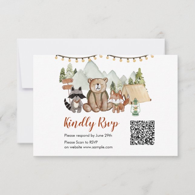 Woodland One Happy Camper Birthday Qr Rsvp Card (Front)