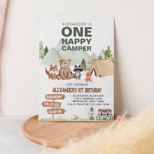 Woodland One Happy Camper Camping Kids Birthday Invitation