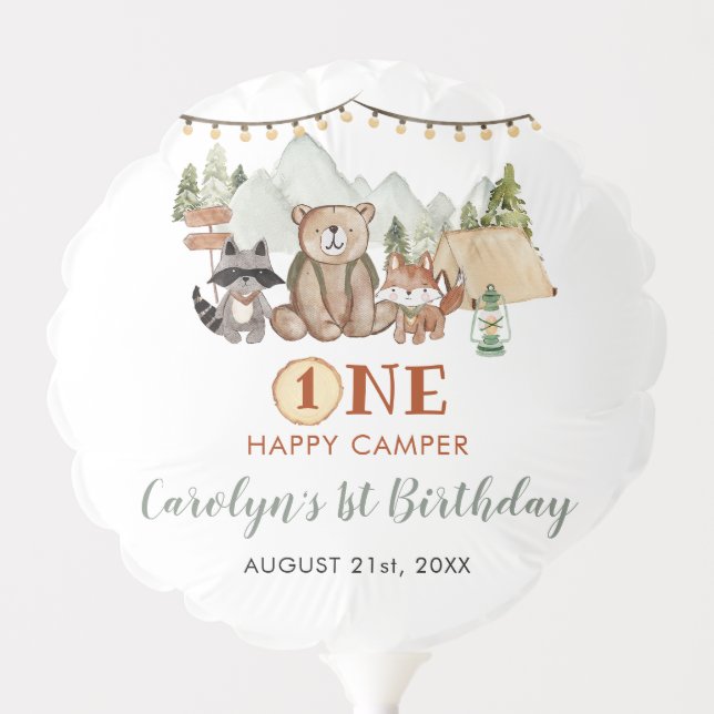 Woodland One Happy Camper First Birthday Balloon (Front)