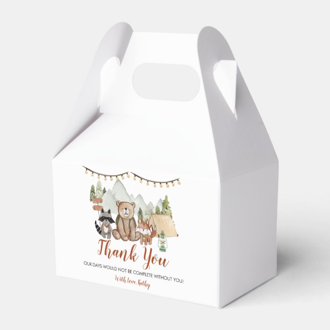 Woodland One Happy Camper First Birthday Favor Boxes (Front Side)