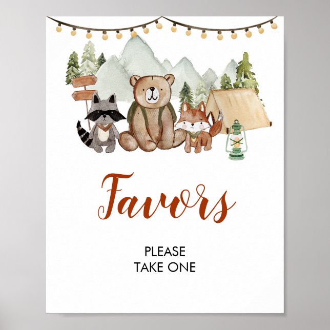 Woodland One Happy Camper First Birthday Favors Poster (Front)