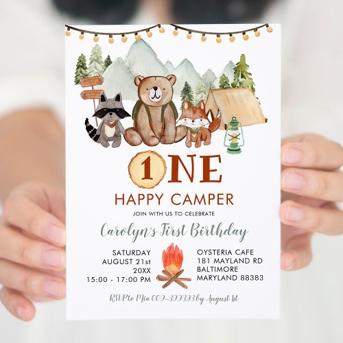 Woodland One Happy Camper First Birthday Invite