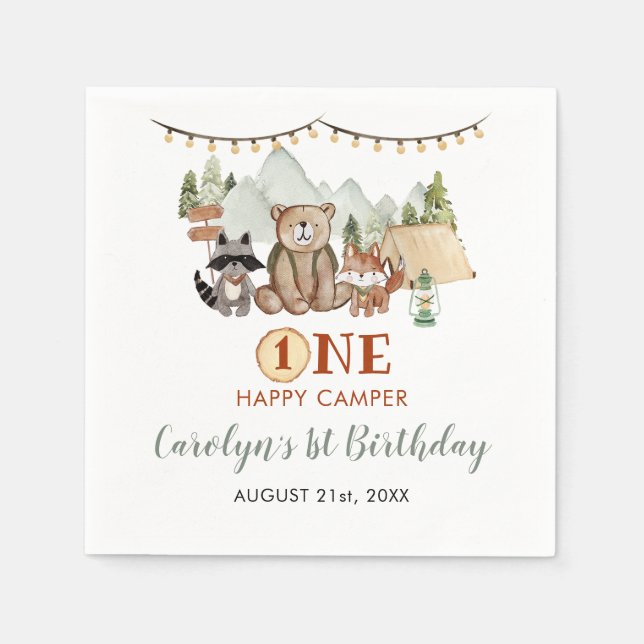 Woodland One Happy Camper First Birthday Paper Napkins (Front)