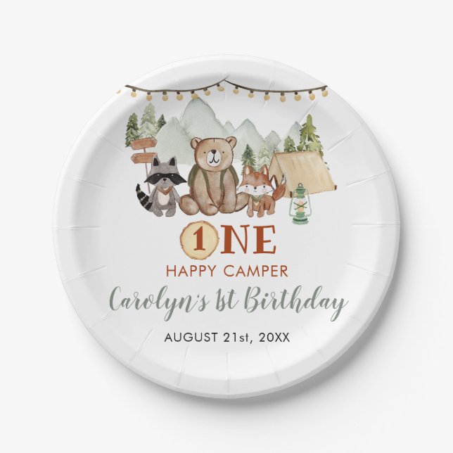 Woodland One Happy Camper First Birthday Paper Plates (Front)