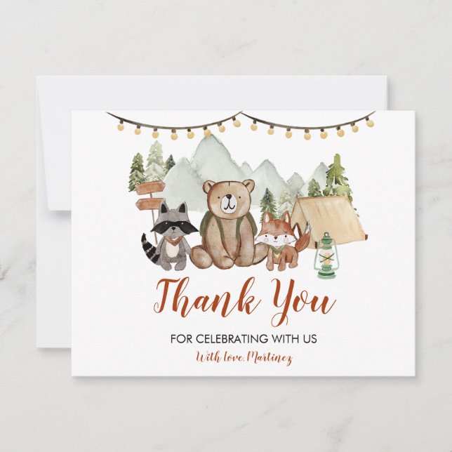 Woodland One Happy Camper First Birthday Thank You Card (Front)
