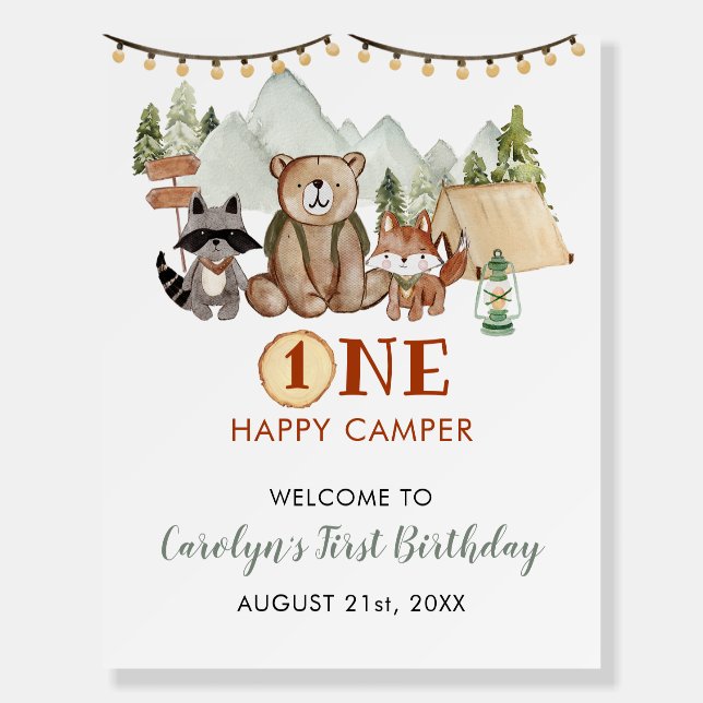 Woodland One Happy Camper First Birthday Welcome Foam Board (Front)