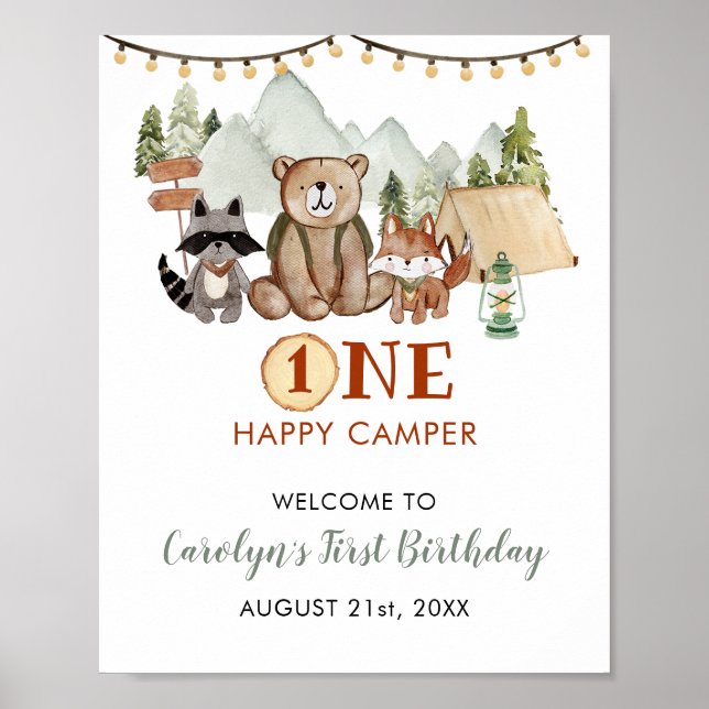 Woodland One Happy Camper First Birthday Welcome Poster (Front)