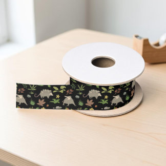 Woodland Opossum Black and Sage Botanical Satin Ribbon