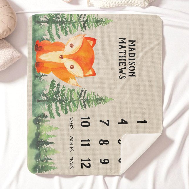 Woodland Orange Fox Forest Green Baby Milestone Sherpa Blanket (Creator Uploaded)