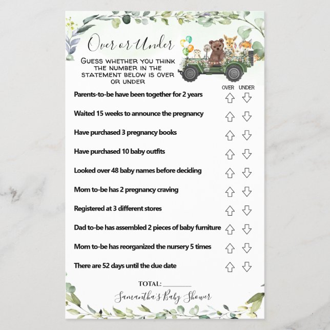 Woodland Over or Under Baby Shower Game card Flyer (Front)