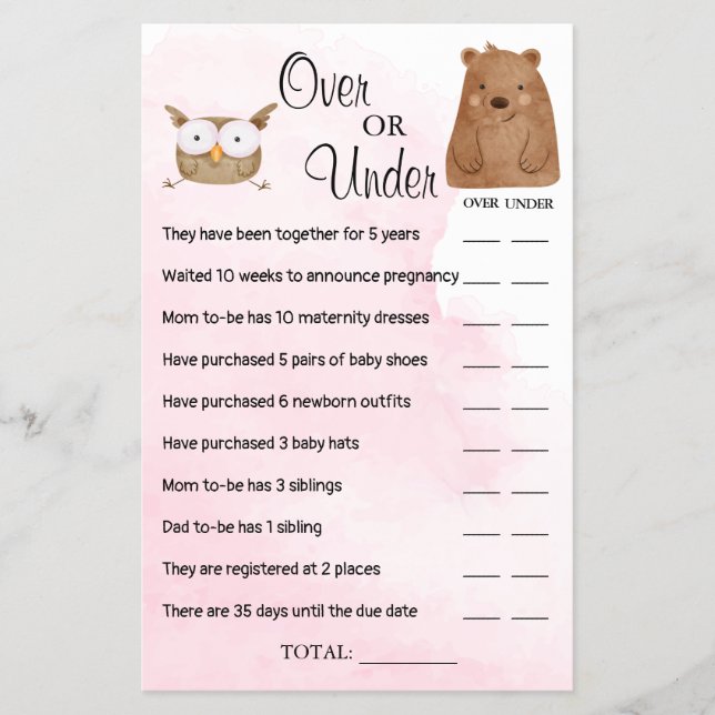 Woodland Over or Under Baby shower game card Flyer (Front)